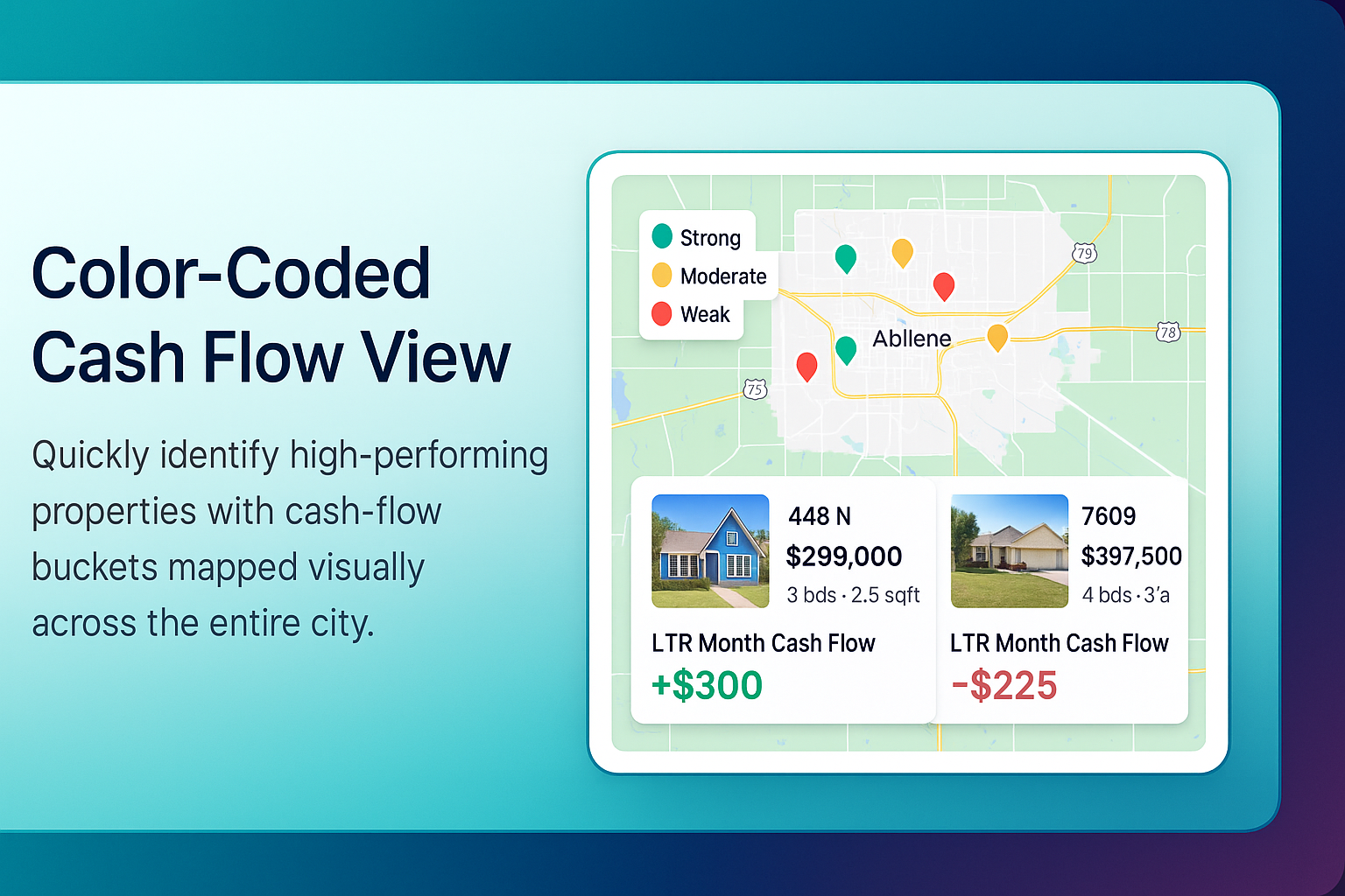 Map with color-coded markers showing different cash flow levels.