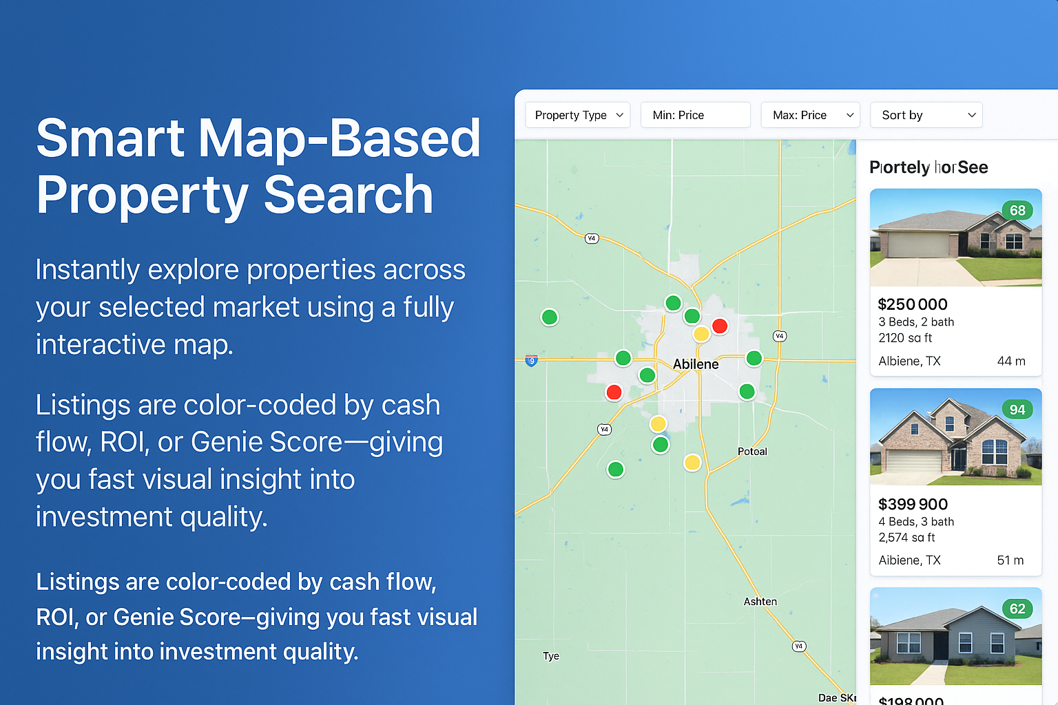 Interactive map view of properties with indicators for investment quality.